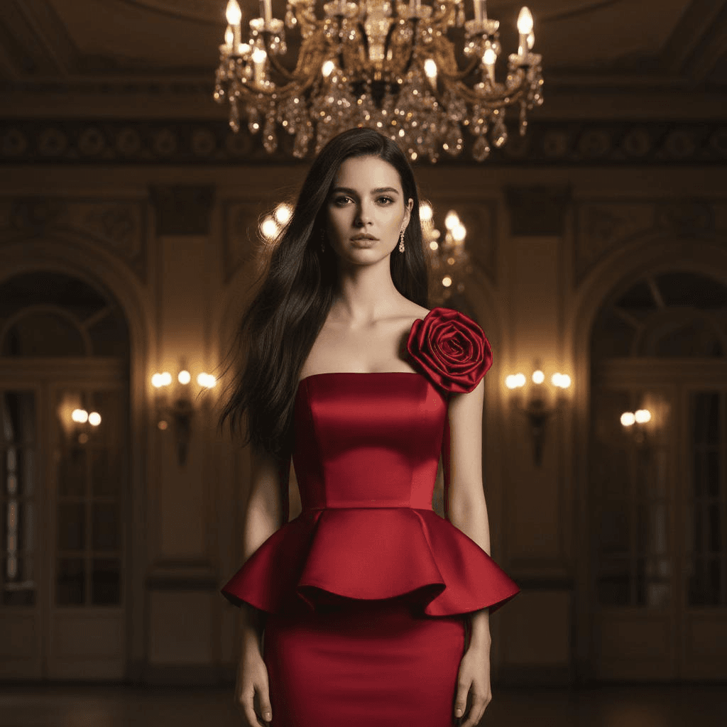 Red Strapless Gown With Peplum Waist And Large Flower Detail On The Shoulder