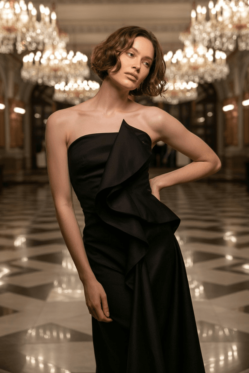 Floor-Length Black Strapless Gown With Asymmetrical Ruffle Detail.