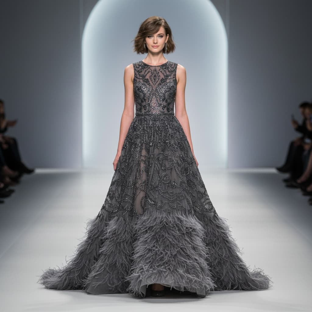 Floor-Length Dark Grey Gown With Beadwork And Feathered Details At The Hem.
