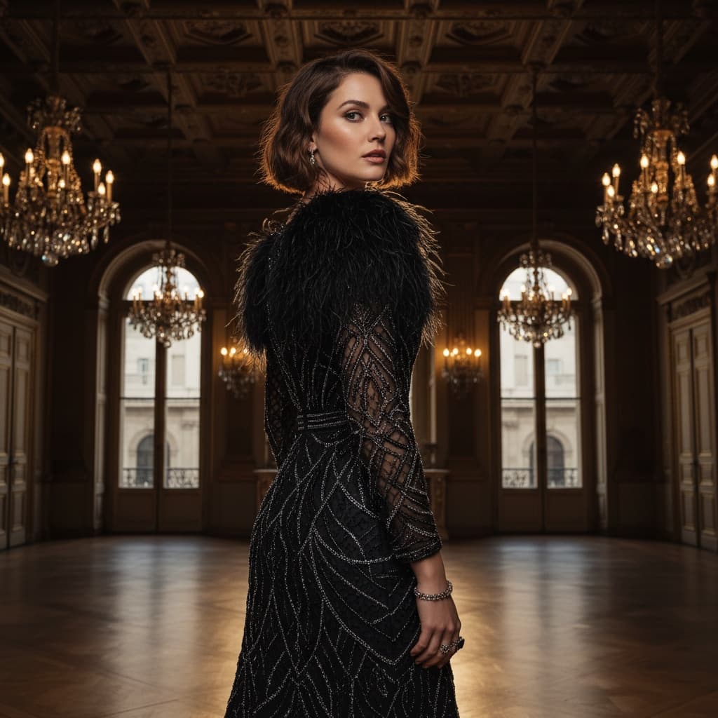 Knee-Length Black Dress With Feathered Shoulders And Beadwork