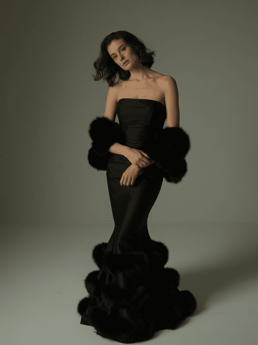 Black Strapless Mermaid Gown With Sheer Black Fur Around The Shoulders And Neck