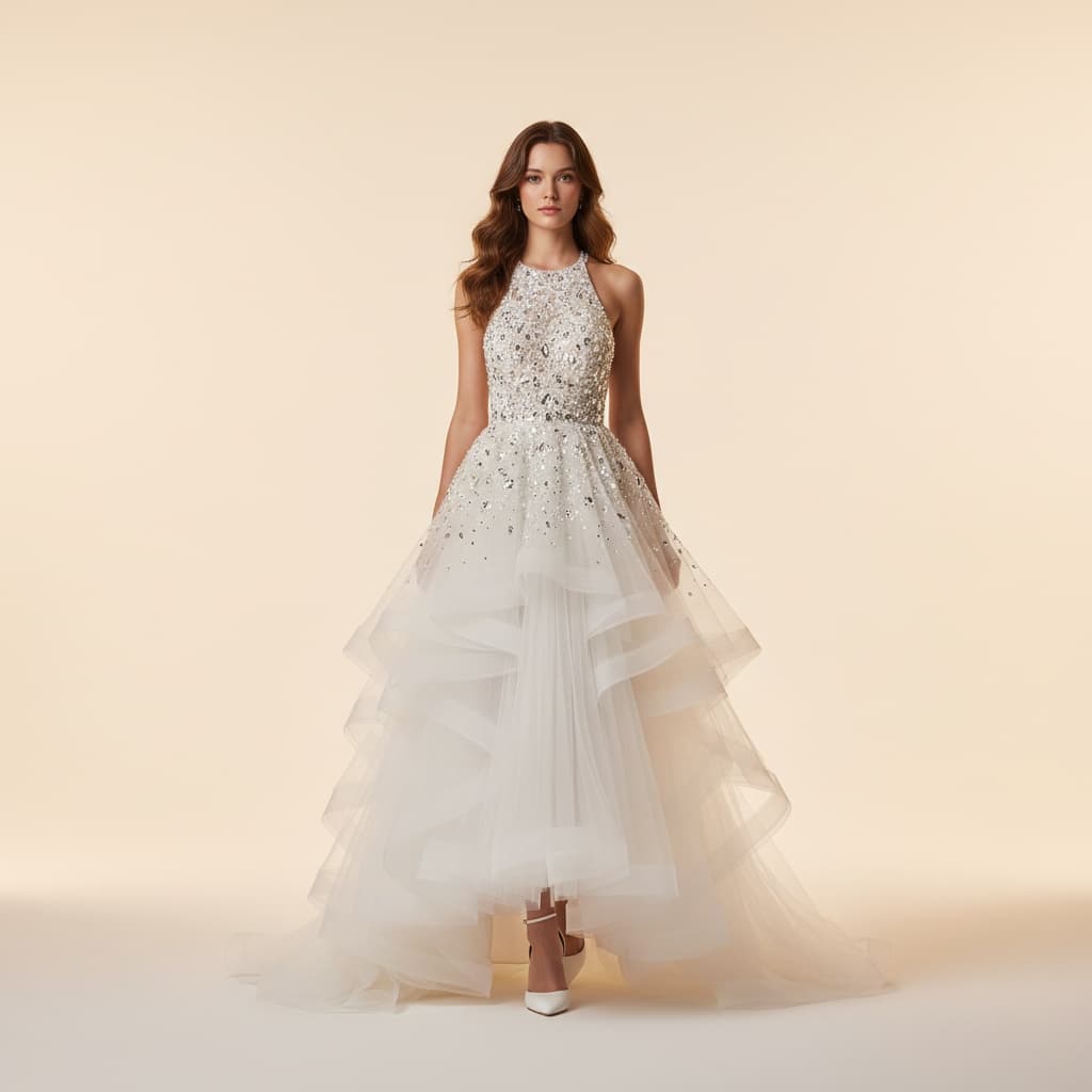 Halter-Neck Gown With Crystal Embellishments And Cascading Tulle Skirt, Paired With White Heeled Shoes.