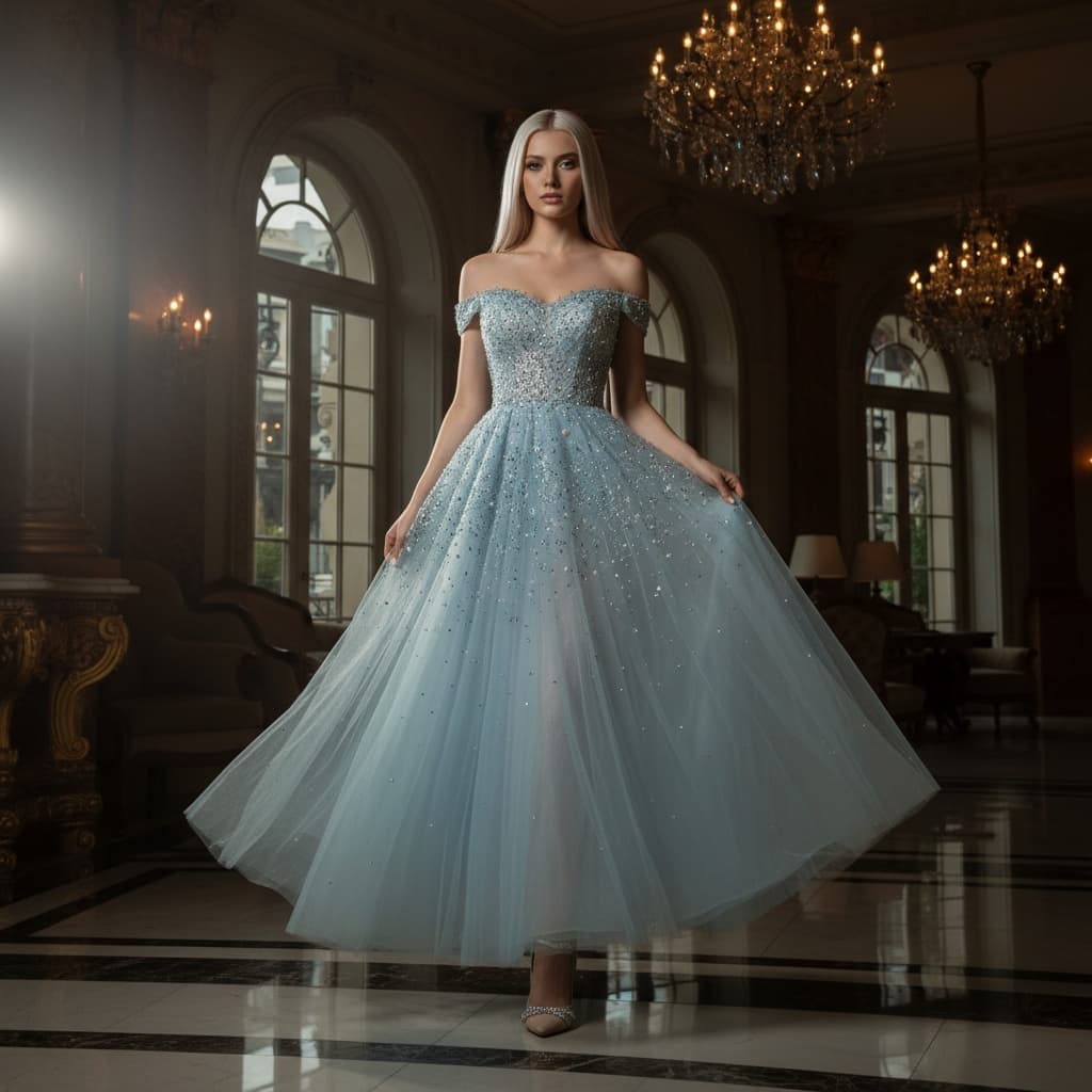 Light Blue Gown With Swirling Tulle And Delicate Beadwork, Paired With Light-Colored Heeled Shoes.
