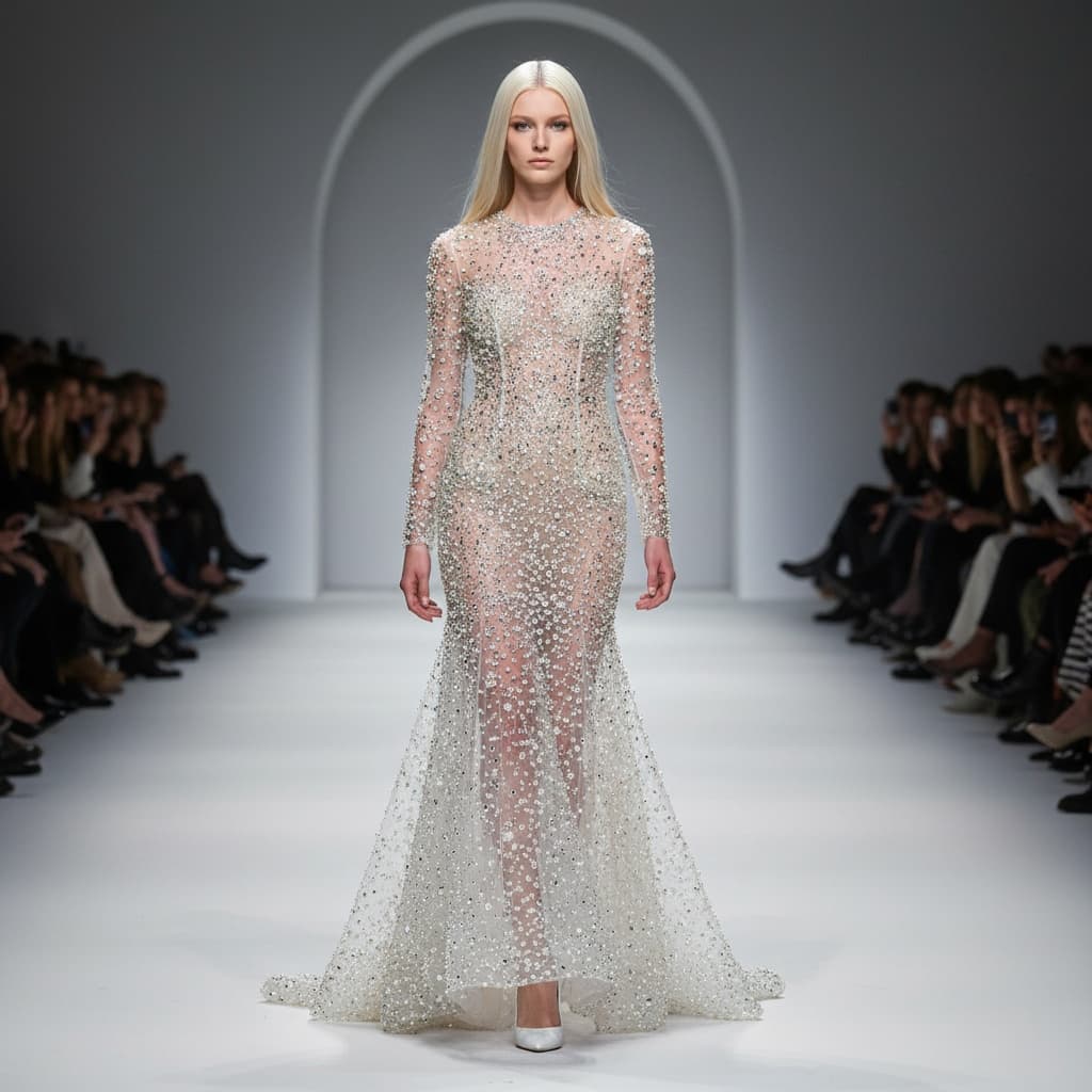 Sheer Pearl And Rhinestone Embellished Gown With A Mermaid Silhouette, Paired With White Heeled Shoes.