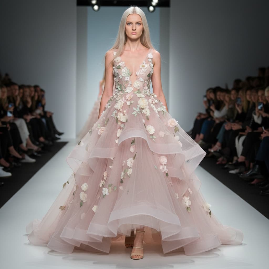 Soft Pink Tulle Ball Gown With Floral Accents, Paired With Light-Colored Heeled Shoes.