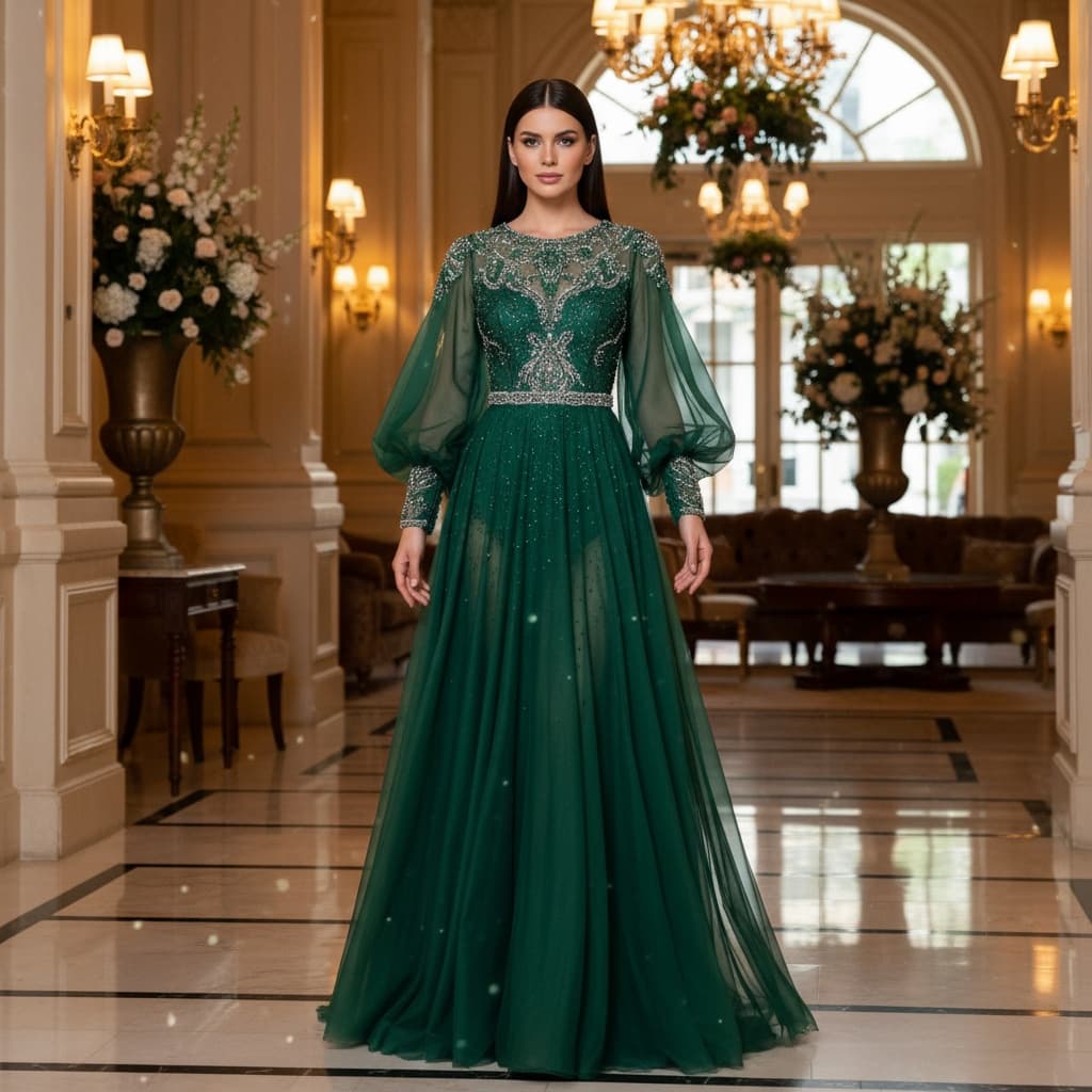 Floor-Length Emerald Green Sheer Gown With Intricate Beaded Neckline, Voluminous Bishop Sleeves, And A Flowing A-Line Skirt Crafted From Fine Chiffon And Tulle