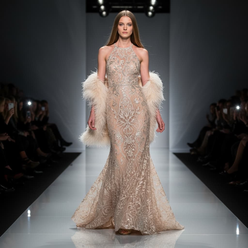 Floor-Length Nude Halter Gown With Intricate Lace Embroidery, Beaded Details, And A Gentle Train, Paired With A Feather-Trimmed Stole For A Vintage Glamour Look