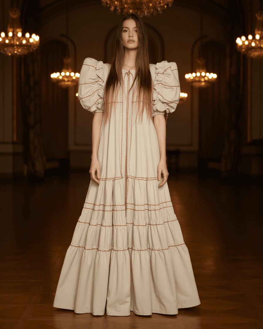 Floor-Length Cream Ruffled Gown Featuring Puff Sleeves, Red Stitching Details, And Tiered Cascading Flounces, Made From A Soft Structured Knit Blend