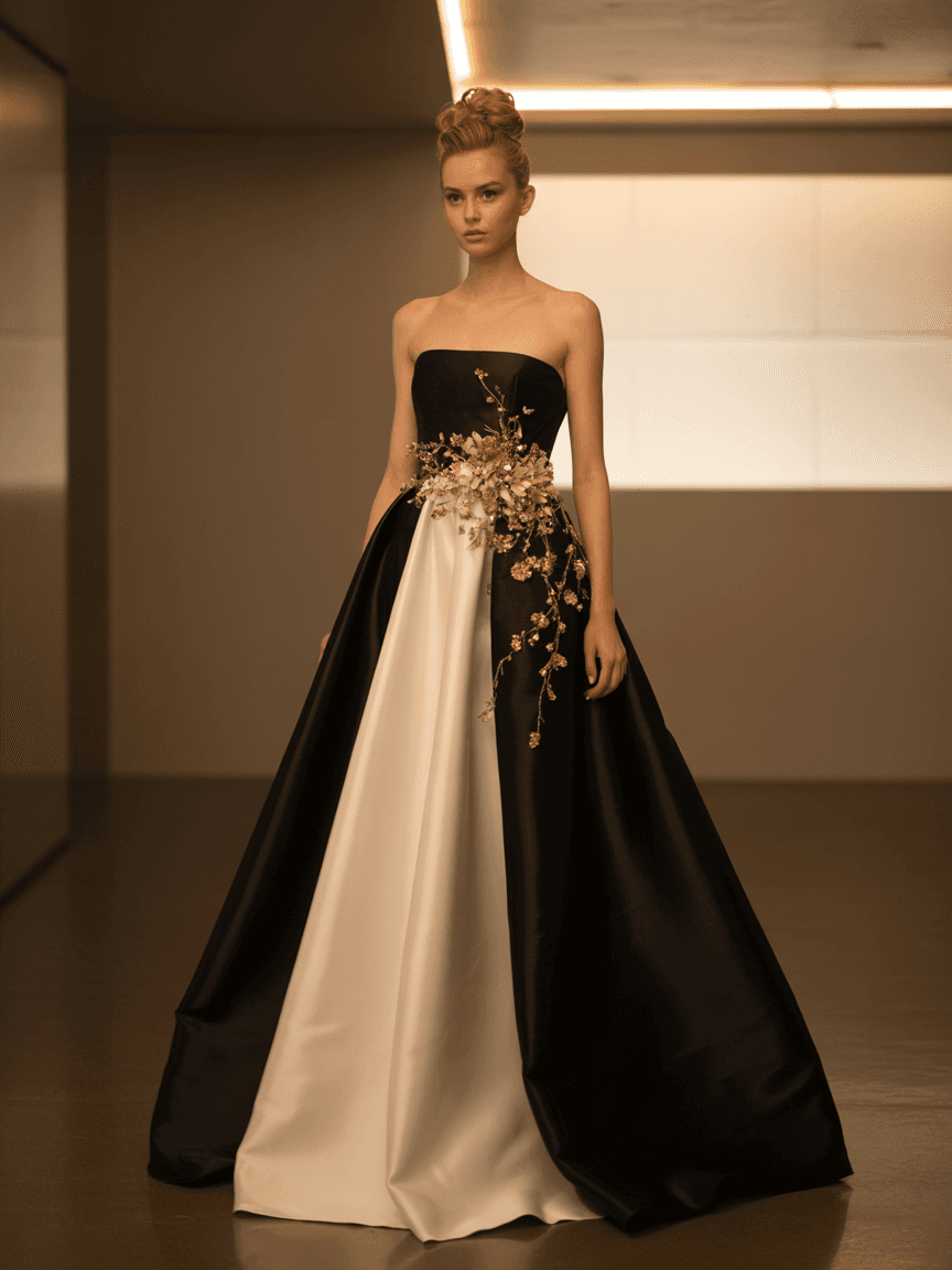 Strapless Floor-Length Black And White Gown With Golden Floral Embellishments.
