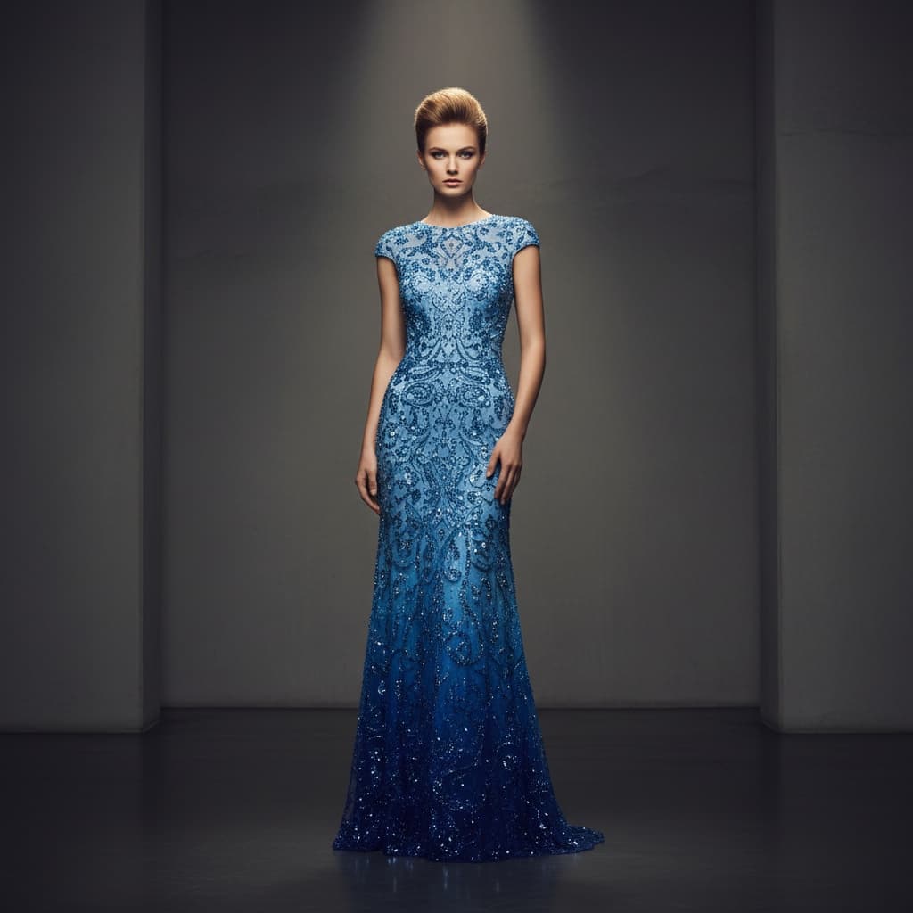 Floor-Length Blue Ombre Gown With Intricate Beadwork And Sequins.