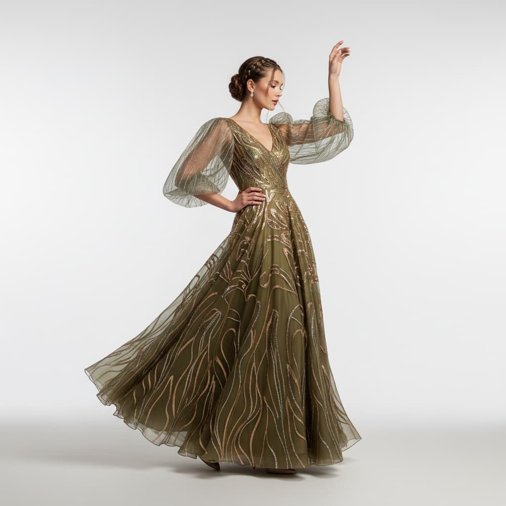 Floor-Length Olive Green Gown With Metallic Embroidery And Sheer Puff Sleeves.