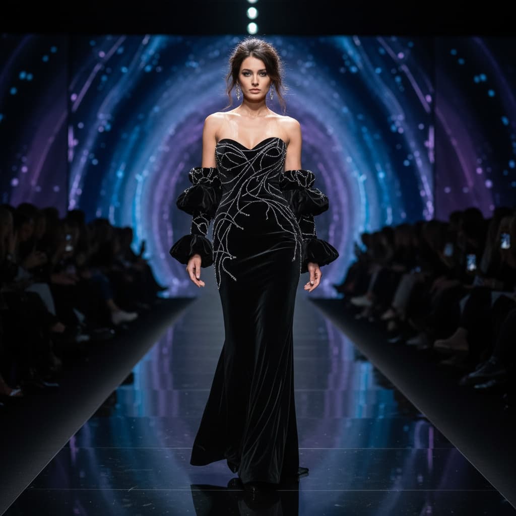 Strapless Black Velvet Gown With Off-The-Shoulder Detailing And Silver Embellishments.