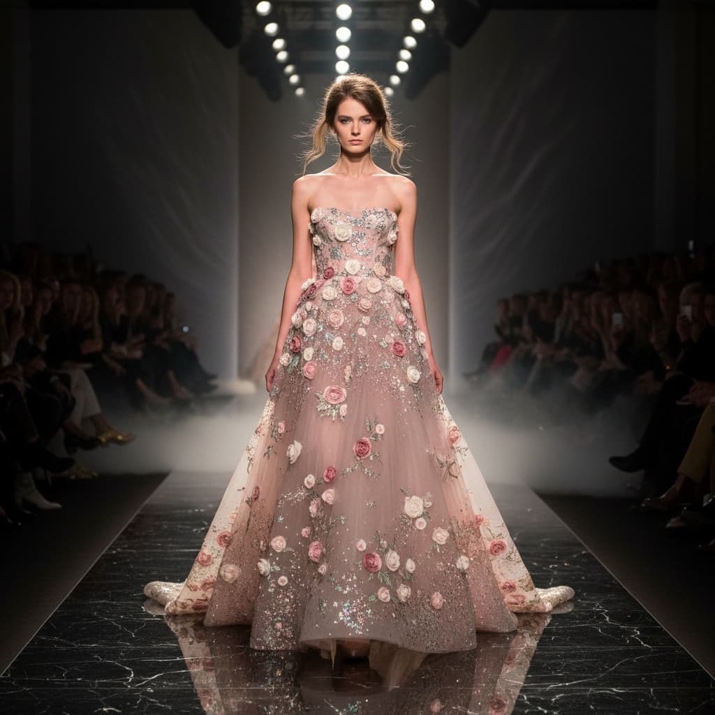 Strapless Pink Tulle Gown With Floral Embellishments And Subtle Sparkle Accents