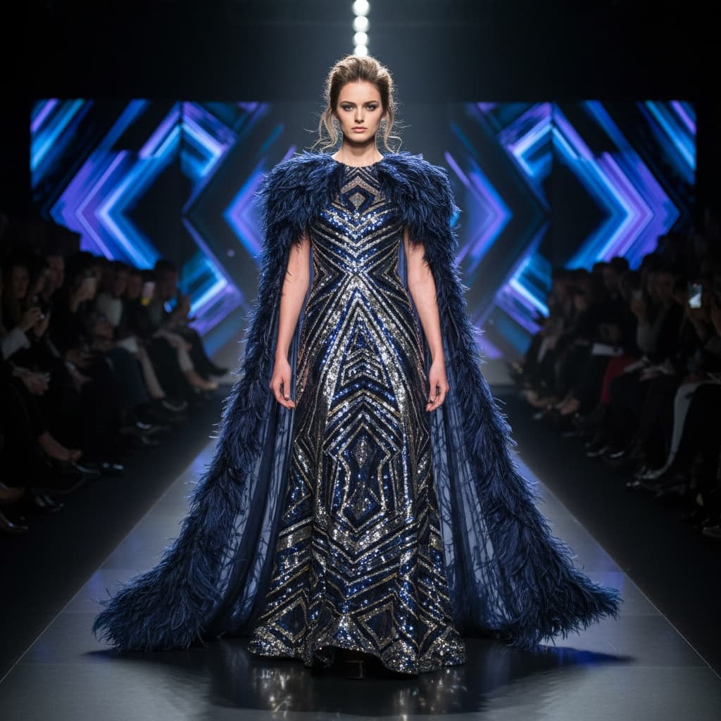 Floor-Length Navy Gown With Geometric Sequin Design And Feathered Accessory.