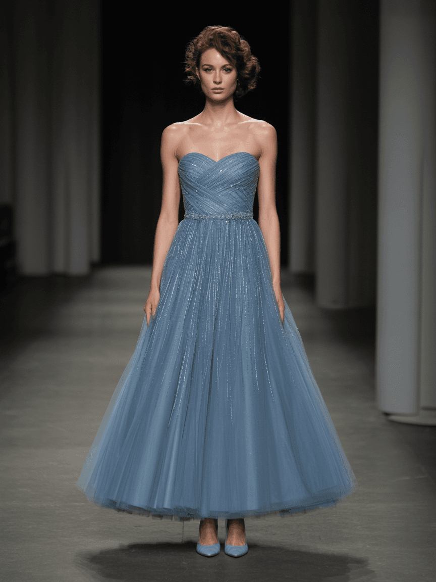 Strapless Blue Evening Gown With Beadwork, Sequin Detailing, And Voluminous Tulle Skirt.