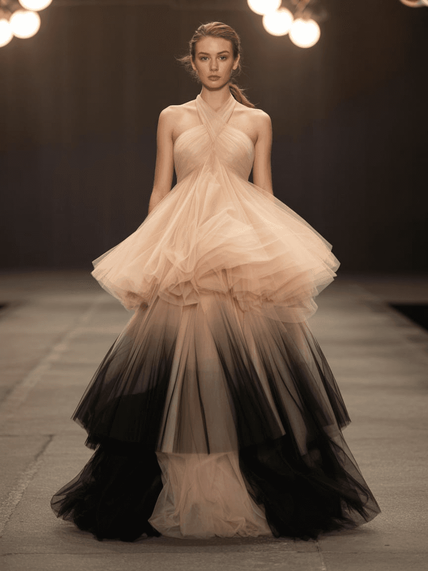 Voluminous Ombre Tulle Gown In Beige And Black With Halter Neckline And Layered Draping.