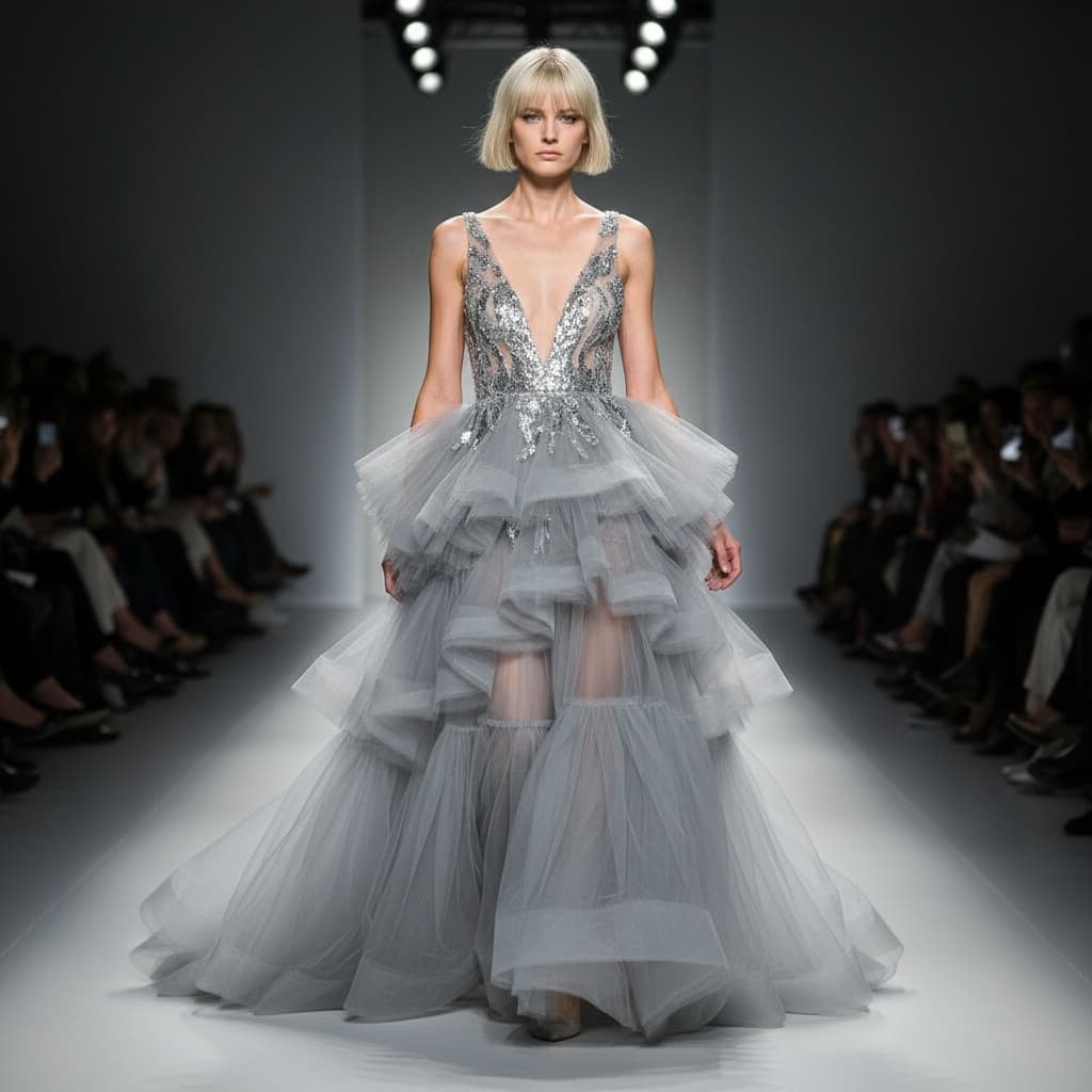 Silver-Grey Layered Tulle Gown With Deep V-Neckline, Sequined Appliqué, And Ruffled Tiers.