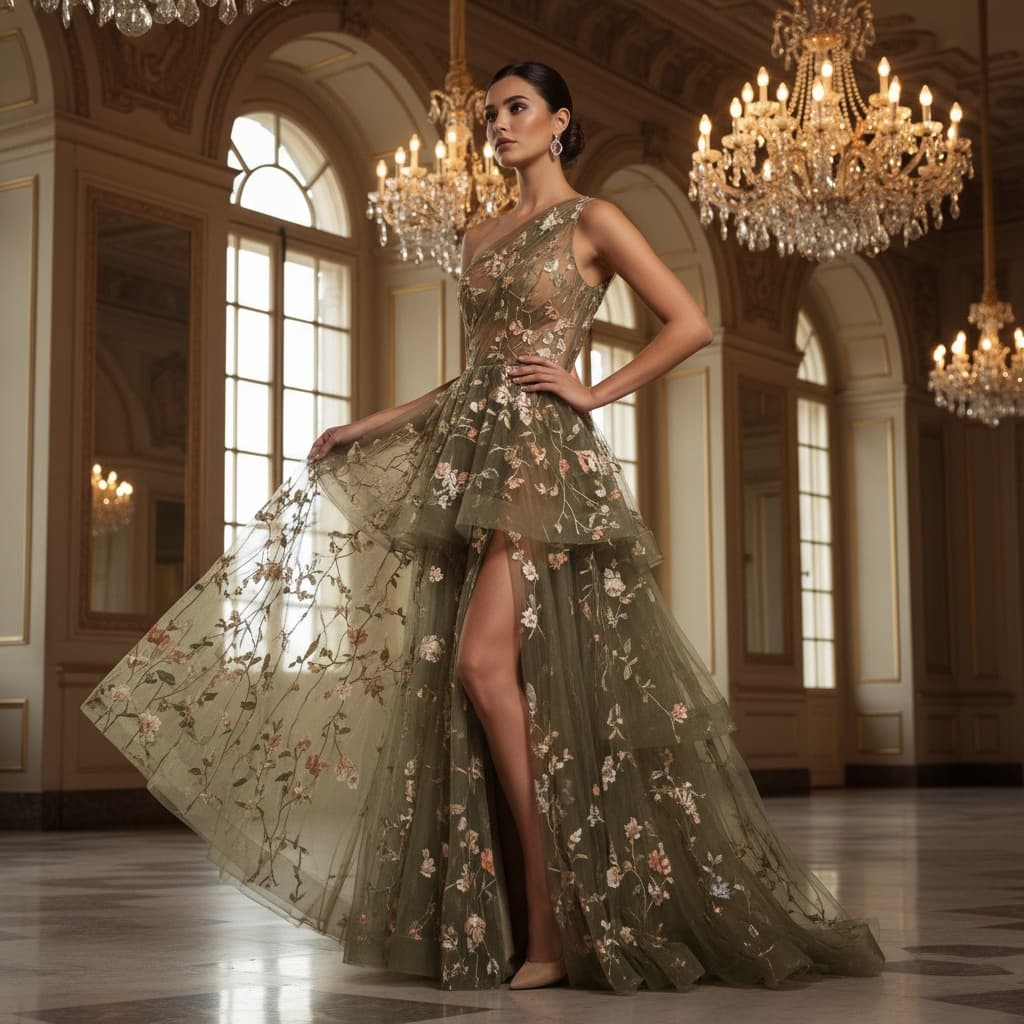 Olive Green One-Shoulder Gown With Sheer Tulle Layers, Floral Embroidery, And Thigh-High Slit.