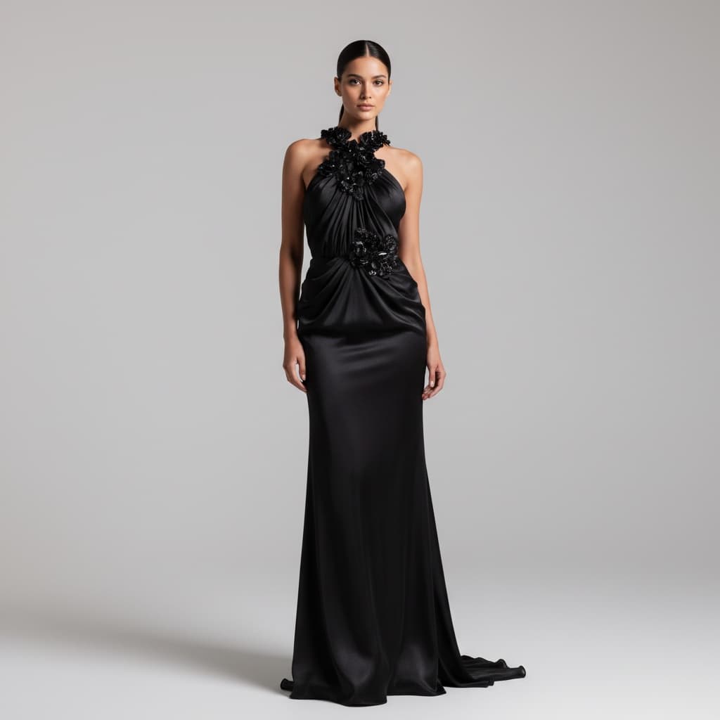 Floor-Length Black Halter Gown With Glossy Draped Fabric And Floral Embellishment At Neckline.