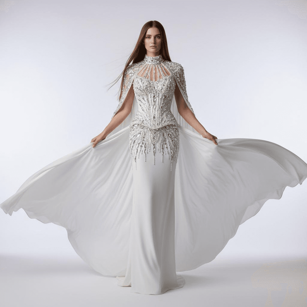 White Cape Gown With Structured Corset Top And Crystal Details On The Bodice And Collar