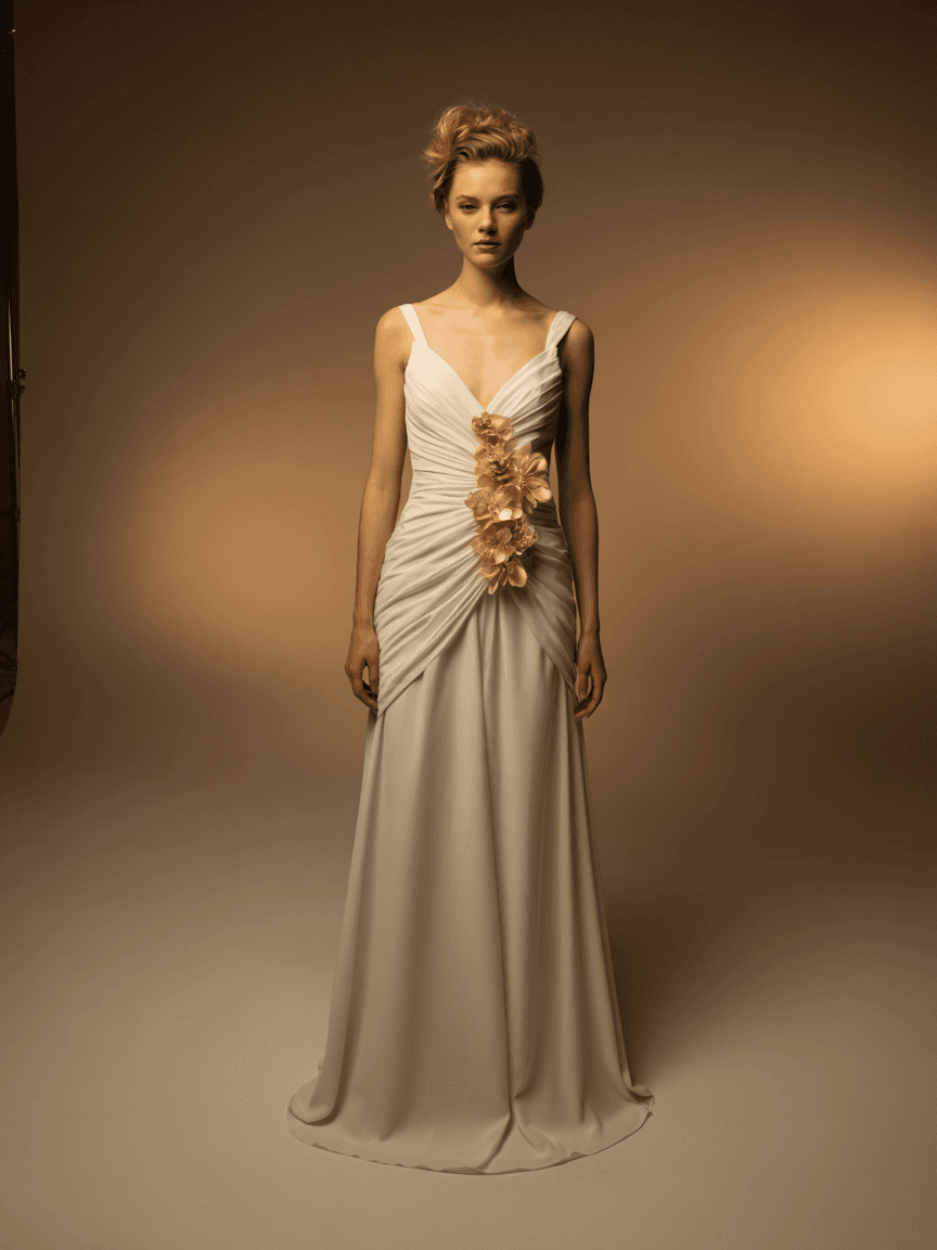 Floor-Length White Evening Gown With Ruching Details And Golden Floral Embellishments.